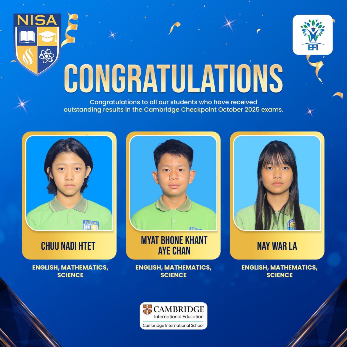 Congratulations to all our students who have received outstanding results in the Cambridge Checkpoint Year 6, October 2025 exams.